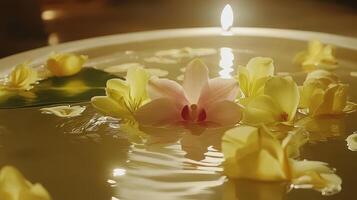 Orchid Serenity A Floral Still Life Bathed in Soft, Warm Light, Reflecting in Water photo