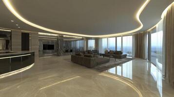 Luxurious Curved Modern Living Room with Ocean View and Reflected Light photo