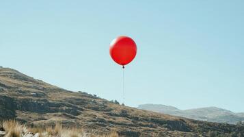 Red Balloon Soaring in the Sky Above Mountain Landscape A Striking Contrast photo