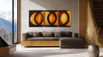 Modern Mountain Home Interior with Abstract Art Snowy Vista photo