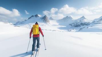 Ski Touring Adventure Man Exploring SnowCovered Mountains Under a Bright Blue Sky photo