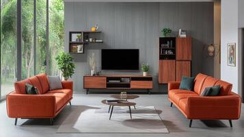 Contemporary Living Room with Orange Sofas and a Large Window View to Nature photo