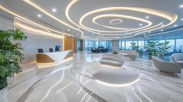 Elegant Office Lobby Modern Design with Circular Lighting and Open Space photo