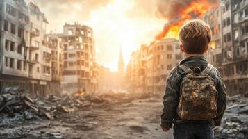 Aftermath Child Amidst Ruins War a Symbol of Resilience and Hope photo