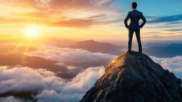 Summit Achiever Businessmans Success Above Clouds and Mountain Peaks at Sunrise photo
