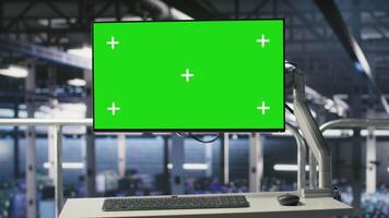 Green screen mockup monitor on data center industrial platform displaying hardware status. Chroma key screen tracking servers processing machine learning datasets in industrial environment video