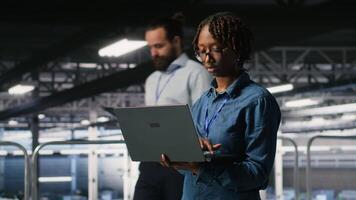 Data center system administrators doing maintenance tasks on laptop, ensuring optimal performance. IT specialists cooperating to review diagnostics and applying patches to server hub gear, camera B video