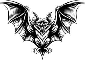 A stylized black and white illustration of a bat with its wings spread, depicted in a graphic woodcut or tattoo style with sharp lines and visible teeth. vector