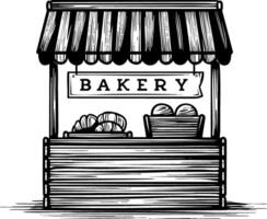 A black and white cartoon drawing of a bakery with a striped awning, display windows filled with pastries, and a sign that says BAKERY vector