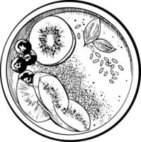 A black and white sketch illustration of a bowl of fruit and seeds, viewed from above, featuring a whole kiwi slice, half kiwi slices, blueberries, and scattered seeds. vector