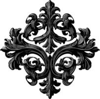 A black and white, highly ornate baroque or Rococo style symmetrical floral scrollwork design, with intricate curls, leaves, and a central decorative element, rendered with detailed texture vector