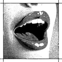 A black and white close-up, pixelated image of a person's open mouth with visible teeth and lips, rendered in a halftone or distressed photographic style. vector
