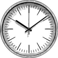 A black and white sketch-style illustration of a circular wall clock with two hands indicating time and clear minute and hour markers on its face. vector