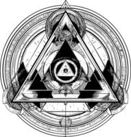 A black and white illustration featuring multiple overlapping triangles and circles, with an all-seeing eye motif at the top, surrounded by intricate geometric and symbolic elements vector