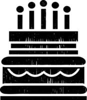 A distressed black and white illustration of a two-tiered birthday cake with five lit candles on top, rendered in a textured, stamp-like style. vector