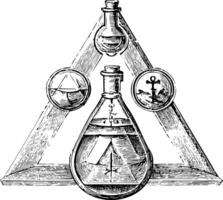 A detailed black and white illustration of an alchemical symbol, featuring flasks with liquid within a triangle, flanked by circular motifs, rendered in an engraving or woodcut style. vector