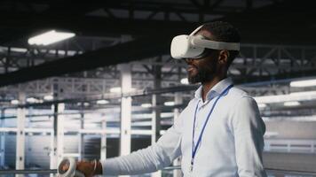 Data center programmers on industrial platform using virtual reality tech, collaborating on tasks. Server room IT professionals visualizing large language model architecture using VR headset video