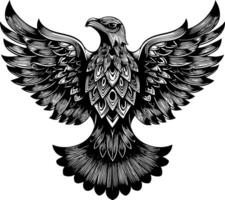 A highly detailed black and white illustration of an eagle with its wings spread wide, rendered in a woodcut or engraving style, showing intricate feather textures. vector