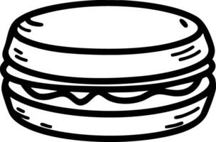A black and white sketch illustration of a burger, showing the bun, patty, and some toppings, presented in a simple, hand-drawn style. vector