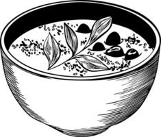 A black and white sketch-style illustration of a bowl of soup or a similar dish, garnished with leaves and small, round elements, showing textured shading. vector