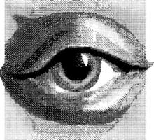 A black and white illustration of an open human eye, rendered in a textured, halftone or pixelated style vector