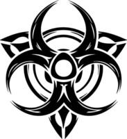 A stylized black and white illustration of a biohazard symbol integrated with a Celtic knot or triquetra design, presented as a solid graphic with sharp edges. vector