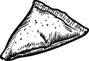 A black and white sketch-style illustration of a samosa, a triangular savory pastry, showing textured shading and a crimped edge. vector