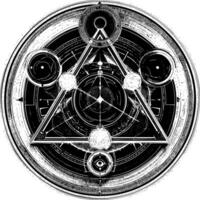 A complex black and white circular design features a central triangle and abstract geometric and symbolic elements. vector