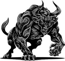 A powerful, stylized black and white illustration of a charging bull with large horns and muscular build, rendered in a woodcut or engraving style with detailed textures. vector