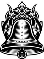 A black and white woodcut-style illustration of an ornate bell with a clapper, featuring decorative foliage or scrollwork above it. vector