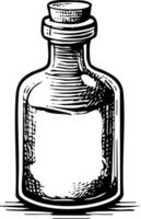 A black and white illustration of a glass bottle with a cork stopper, appearing to contain liquid, rendered in a woodcut or sketch style with textured shading. vector