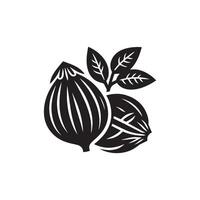 Fresh nutmeg silhouette on white background. Nutmeg with leaf icon vector