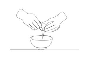 Continuous single-line art drawing of hands cracking raw egg into bowl. Cracked Egg outline vector