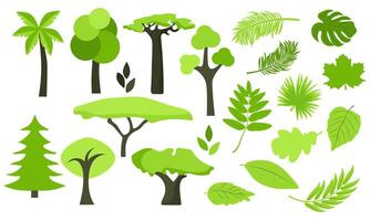 A set of bright green trees and leaves on a white background. Individual icons and elements. vector