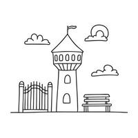 A tower standing near a small gate and bench vector