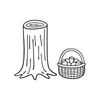 A tree trunk next to a basket filled with acorns vector