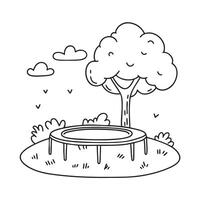 A trampoline placed under a tree in a grass field vector