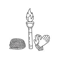 A torch lying beside a coiled rope and gloves vector