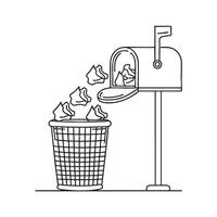 A trash bin near a mailbox, stuffed with crumpled papers vector