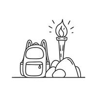 A torch resting on rock beside a backpack vector