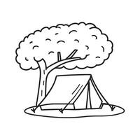 A tent pitched beneath a tree, flap slightly ajar vector