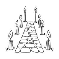 A path of cobblestones running through a forest with torches along the sides vector