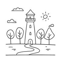 A tower beside a winding path through the trees vector