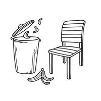 A trash bin close to a chair, banana peels scattered beside it vector