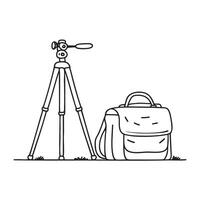 An open camera bag beside a tripod vector