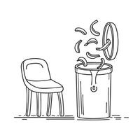 A trash bin behind a chair with banana peels falling out vector
