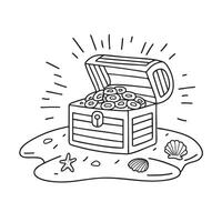 An open chest on beach sand with scattered coins and nearby seashells vector