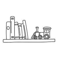 A toy train resting by books lined on a shelf vector