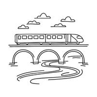 A long train crossing a small bridge over a stream vector