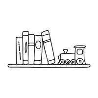 A toy train beside a row of books on a shelf vector
